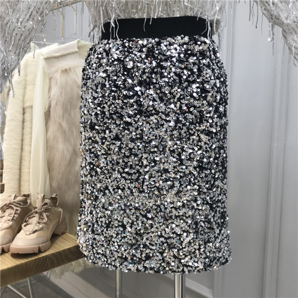 Актуална дамска лъскава пола с висока талия и пайети в различни цветове