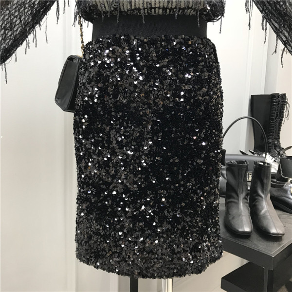 Актуална дамска лъскава пола с висока талия и пайети в различни цветове