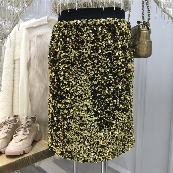 Актуална дамска лъскава пола с висока талия и пайети в различни цветове