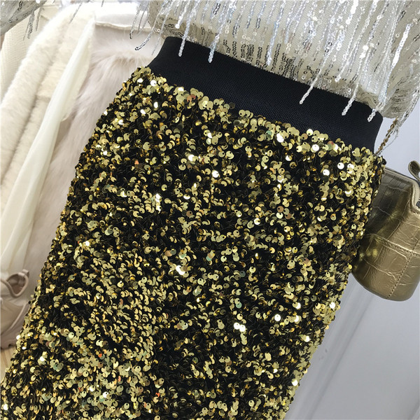 Актуална дамска лъскава пола с висока талия и пайети в различни цветове