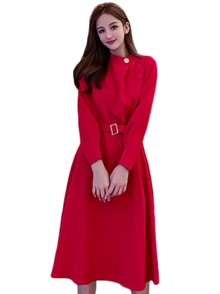 Модерна дамска дълга рокля с колан и дълъг ръкав в черен и червен цвят