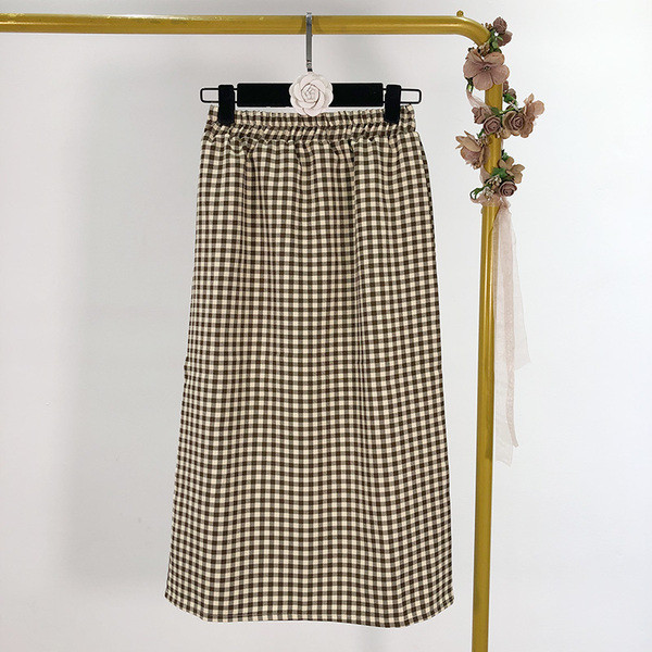 Дълга карирана пола с висока ластична талия 