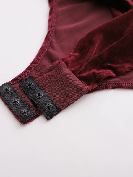 Модерно дамско боди от кадифе с гол гръб в цвят бордо