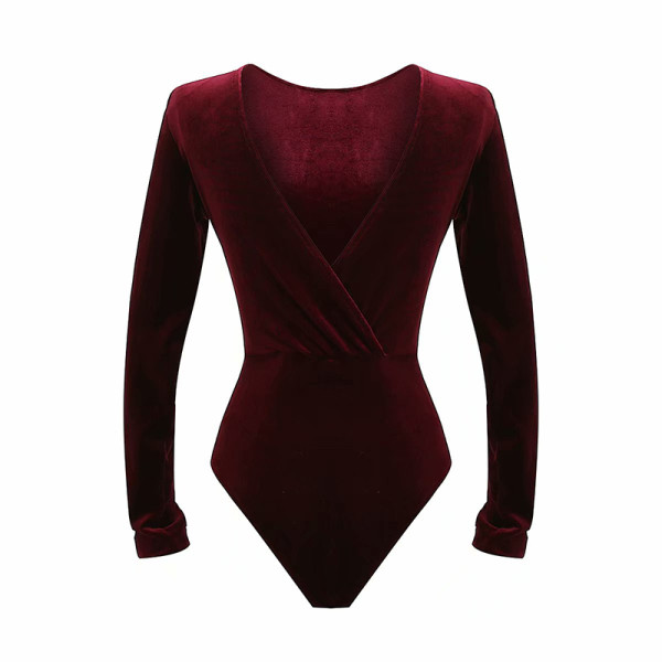 Модерно дамско боди от кадифе с гол гръб в цвят бордо