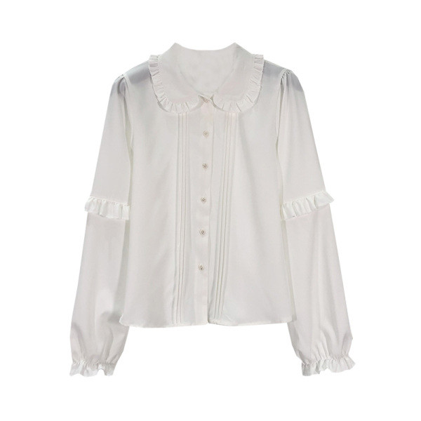 Дамска риза в бял цвят с къдри на яката и ръкавите