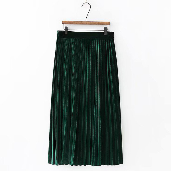 Дамска плисирана пола от кадифе с висока талия в жълт и зелен цвят