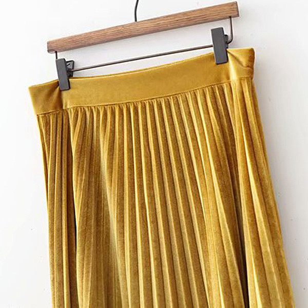 Дамска плисирана пола от кадифе с висока талия в жълт и зелен цвят