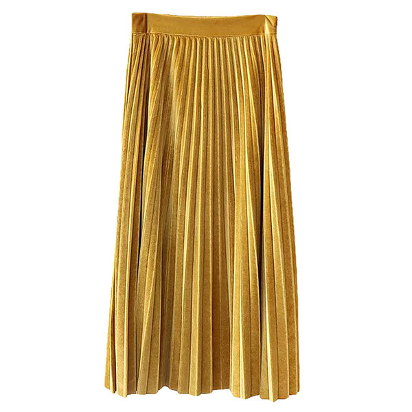 Дамска плисирана пола от кадифе с висока талия в жълт и зелен цвят