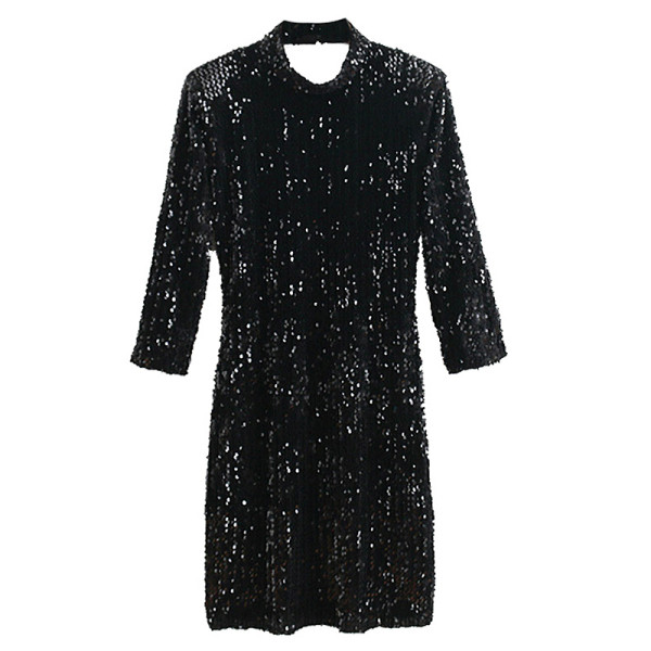 Вечерна дамска рокля с 3/4 ръкав и гол гръб в черен цвят с пайети