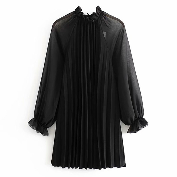 Нов модел плисирана дамска рокля с широк ръкав в черен цвят