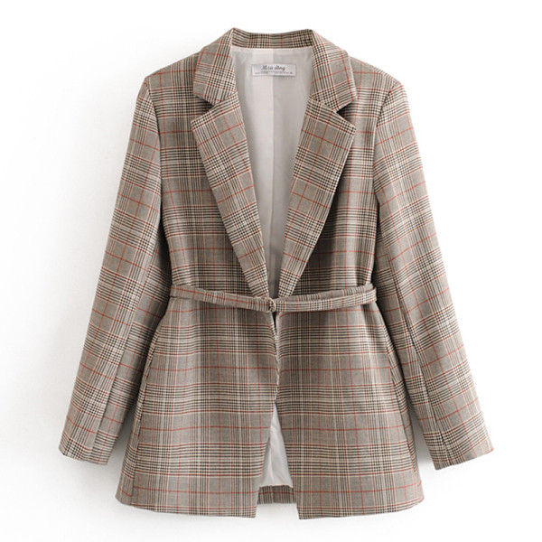 Модерно карирано сако с колан и дълбоко деколте в бежов цвят