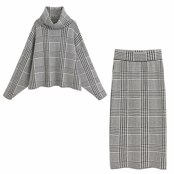 Къс кариран широк пуловер с поло яка и дълъг ръкав 