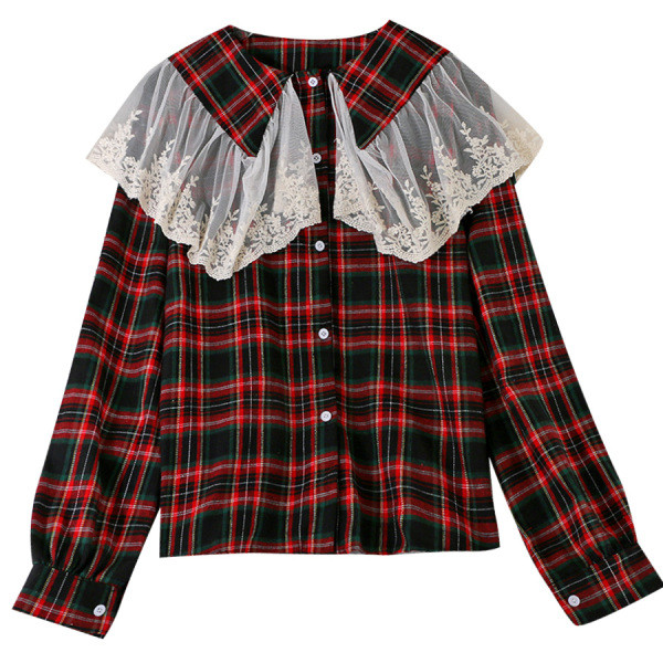 Модерна дамска карирана риза с дантелена яка и копчета в три цвята