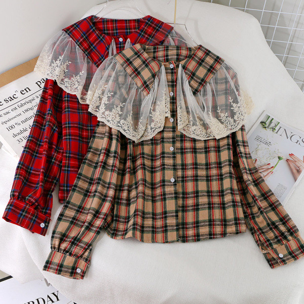 Модерна дамска карирана риза с дантелена яка и копчета в три цвята