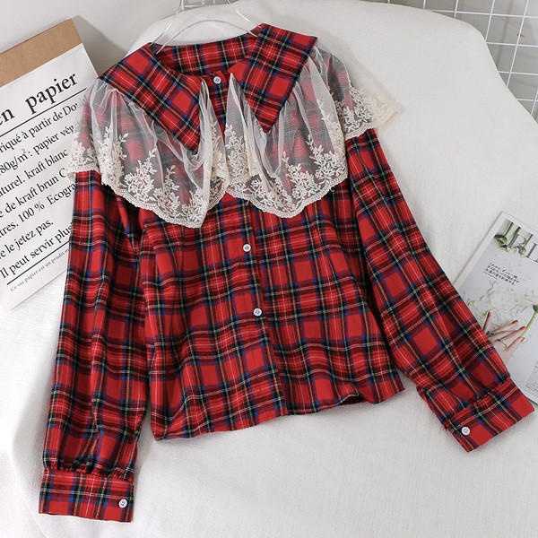 Модерна дамска карирана риза с дантелена яка и копчета в три цвята