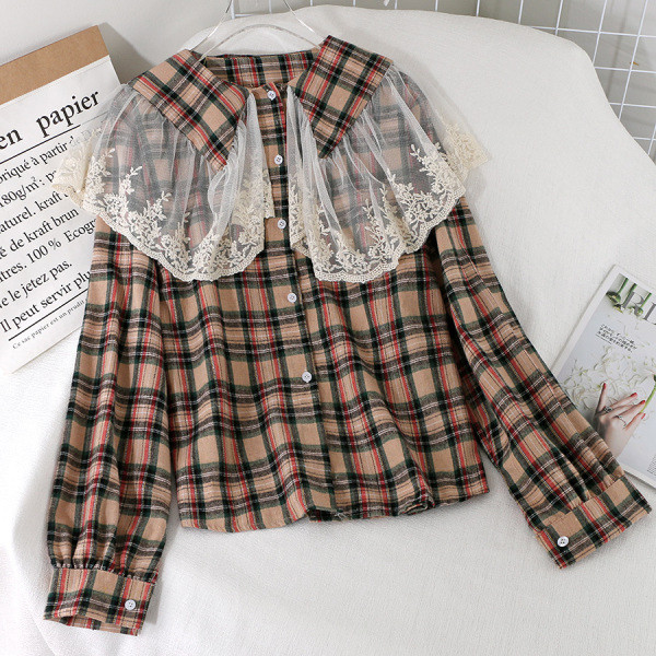 Модерна дамска карирана риза с дантелена яка и копчета в три цвята