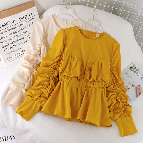 Модерна дамска блуза с плисирани ръкави и цип на гърба в пет цвята