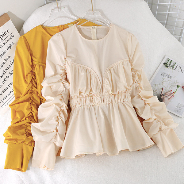 Модерна дамска блуза с плисирани ръкави и цип на гърба в пет цвята