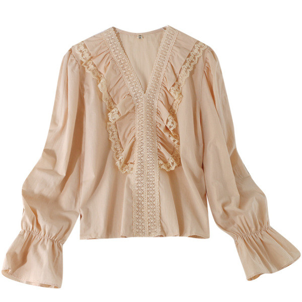 Модерна дамска риза с шпиц деколте и къдри в три цвята