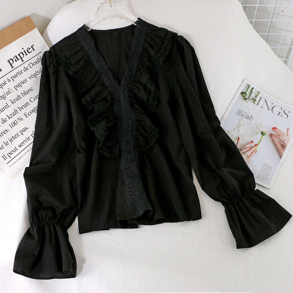 Модерна дамска риза с шпиц деколте и къдри в три цвята