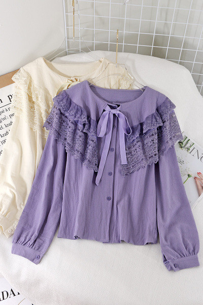 Модерна дамска риза с дантелена яка и панделка в три цвята