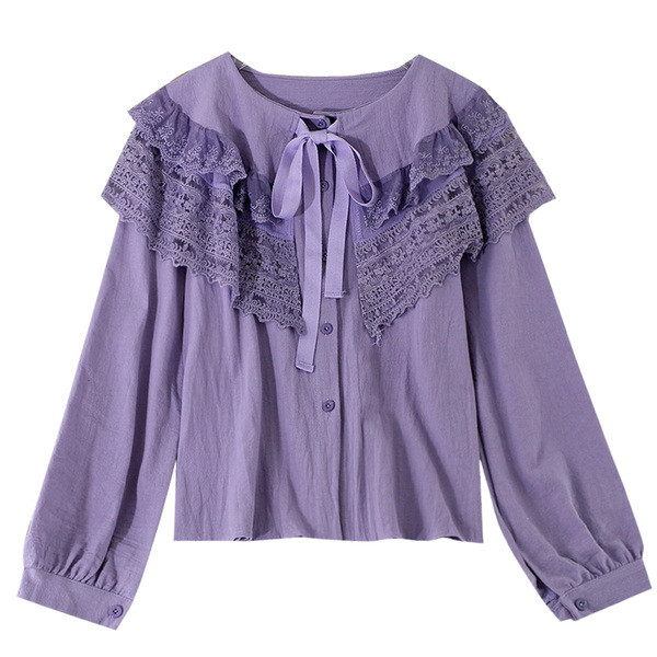 Модерна дамска риза с дантелена яка и панделка в три цвята