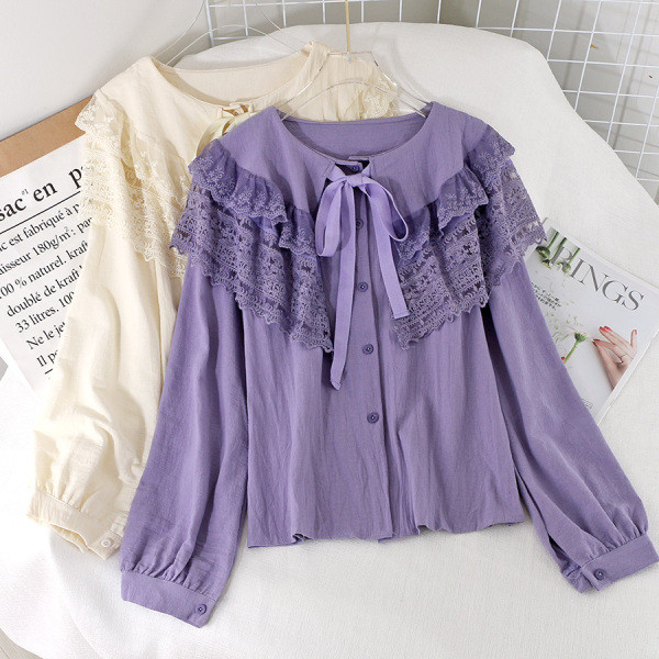 Модерна дамска риза с дантелена яка и панделка в три цвята