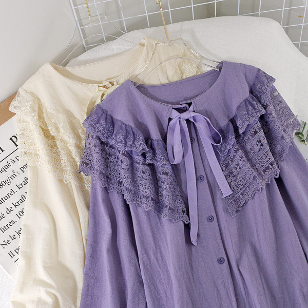 Модерна дамска риза с дантелена яка и панделка в три цвята