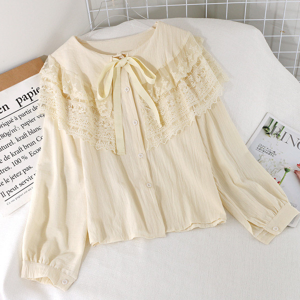 Модерна дамска риза с дантелена яка и панделка в три цвята