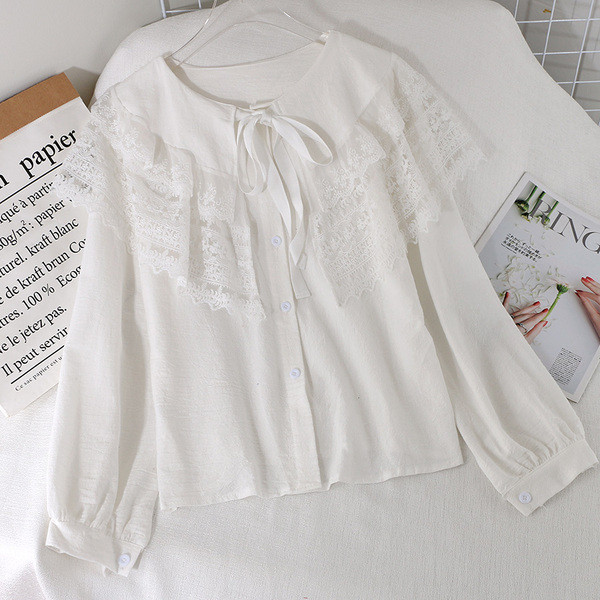 Модерна дамска риза с дантелена яка и панделка в три цвята