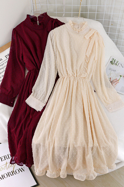 Модерна дамска рокля с дълъг ръкав и панделка в четири цвята