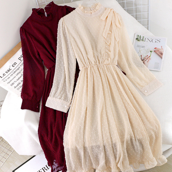 Модерна дамска рокля с дълъг ръкав и панделка в четири цвята