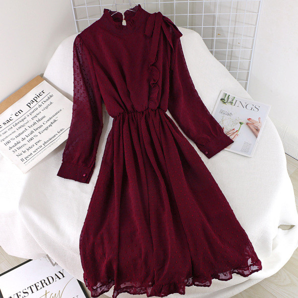 Модерна дамска рокля с дълъг ръкав и панделка в четири цвята