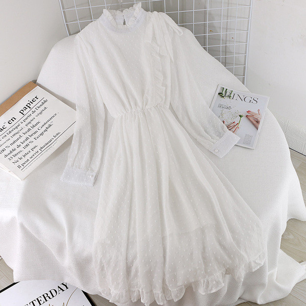 Модерна дамска рокля с дълъг ръкав и панделка в четири цвята