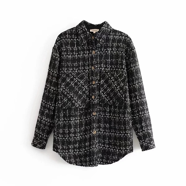 Нов модел дамска карирана риза с джобове и копчета в черен и розов цвят