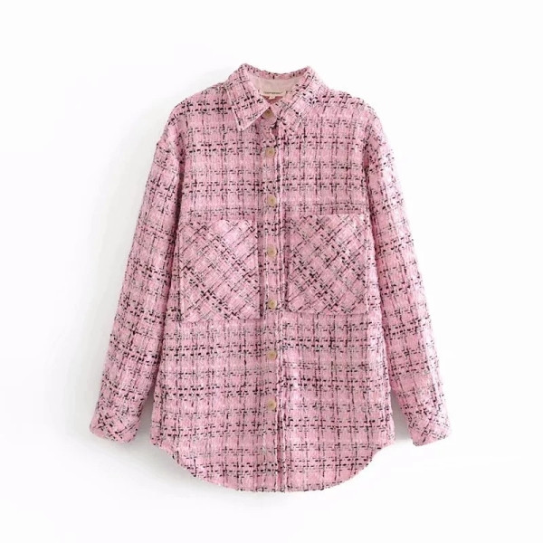 Нов модел дамска карирана риза с джобове и копчета в черен и розов цвят