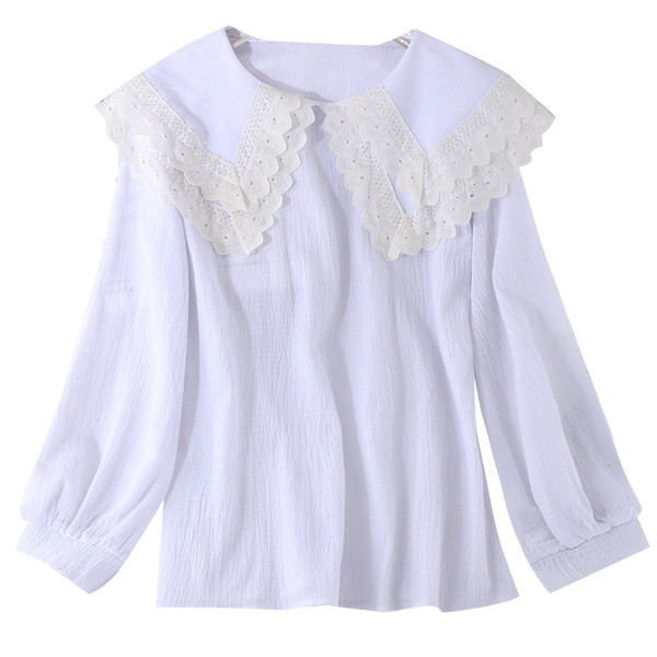 Модерна дамска риза с овално деколте и дантела в бял и черен цвят