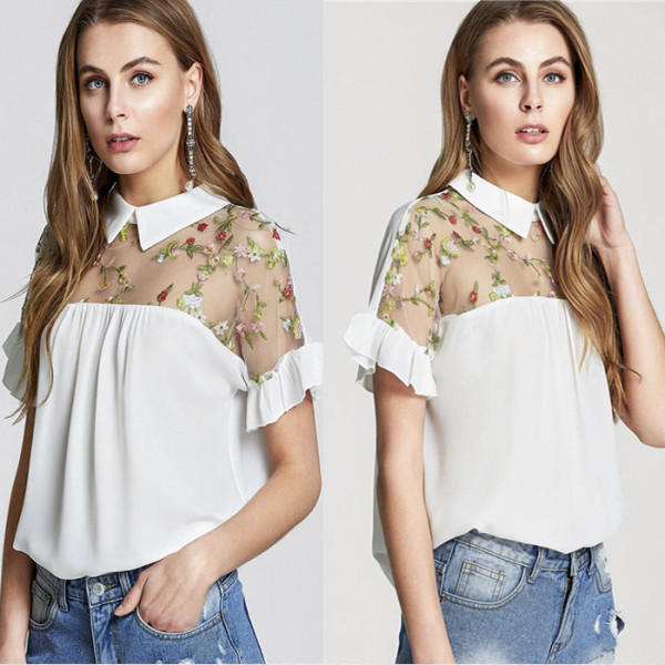 Модерна дамска риза с 3/4 ръкав с къдри и мрежеста предна част с бродерия 