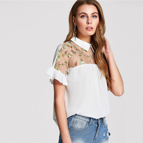 Модерна дамска риза с 3/4 ръкав с къдри и мрежеста предна част с бродерия 