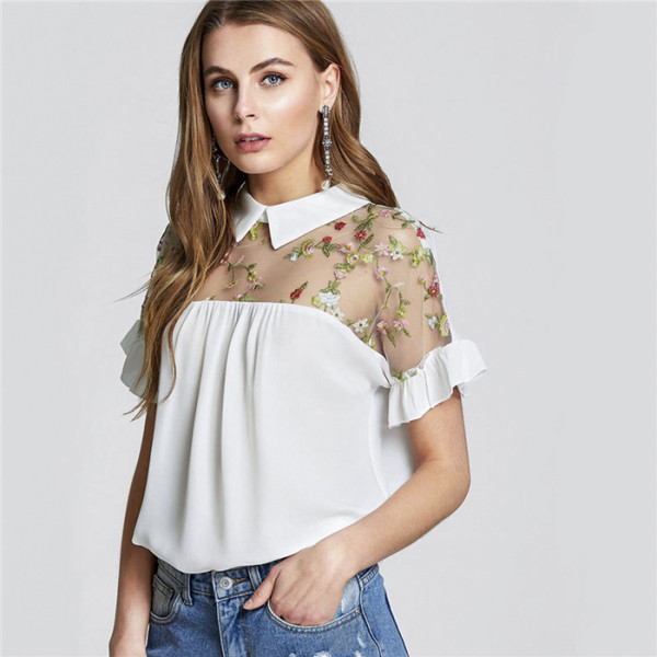 Модерна дамска риза с 3/4 ръкав с къдри и мрежеста предна част с бродерия 