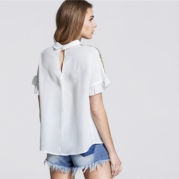 Модерна дамска риза с 3/4 ръкав с къдри и мрежеста предна част с бродерия 