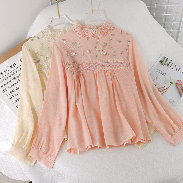 Moodne naiste särk tikandi ja kõrge kraega neljas värvitoonis