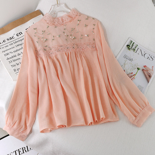 Moodne naiste särk tikandi ja kõrge kraega neljas värvitoonis