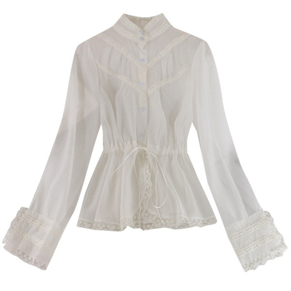 Дамска риза от шифон с копчета и дантела в черен и бял цвят