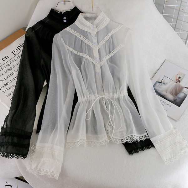 Дамска риза от шифон с копчета и дантела в черен и бял цвят