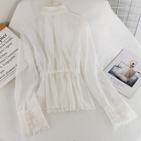 Дамска риза от шифон с копчета и дантела в черен и бял цвят