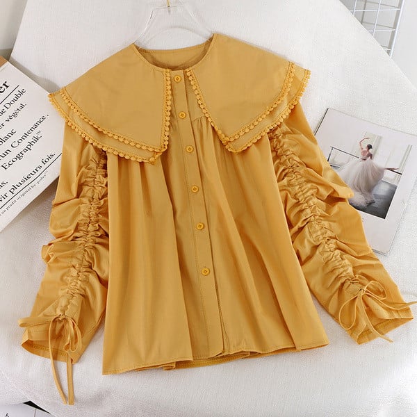 Модерна дамска риза с копчета и връзки на ръкавите в два цвята