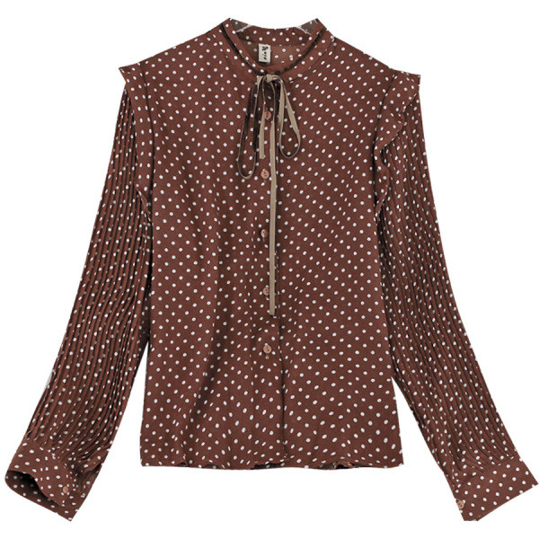 Модерна дамска риза с овално деколте и панделка на точки 