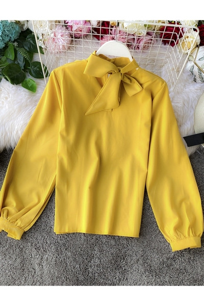 Стилна дамска риза с дълъг ръкав и завръзваща се яка в различни цветове