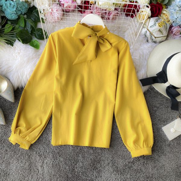 Стилна дамска риза с дълъг ръкав и завръзваща се яка в различни цветове